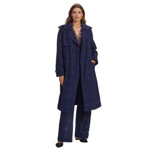 Farm Rio Eyelet Cotton Double-Breasted Trench Coat Navy Blue Size L